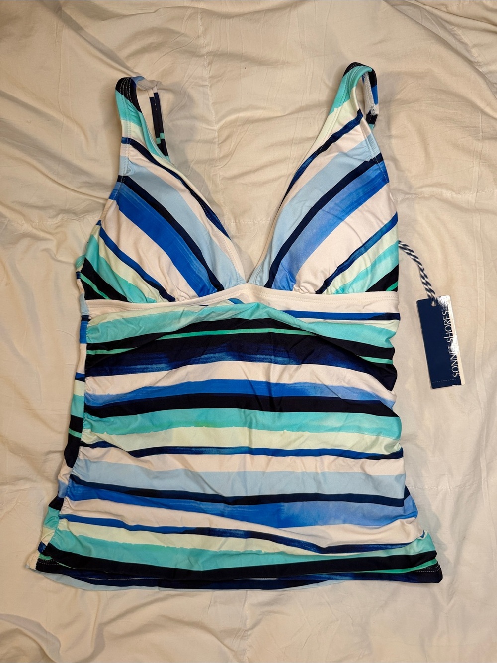 NWT Sonnet Shores Blue Striped V-Neck Tankini Swim Top Size 6